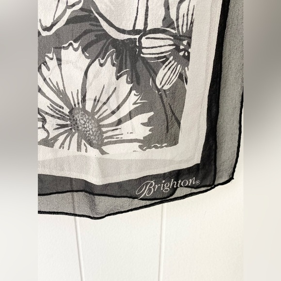 Brighton Black White 100% Silk Scarf Flower Butterfly Rectangle Sheer 64” X 19” - Picture 7 of 8